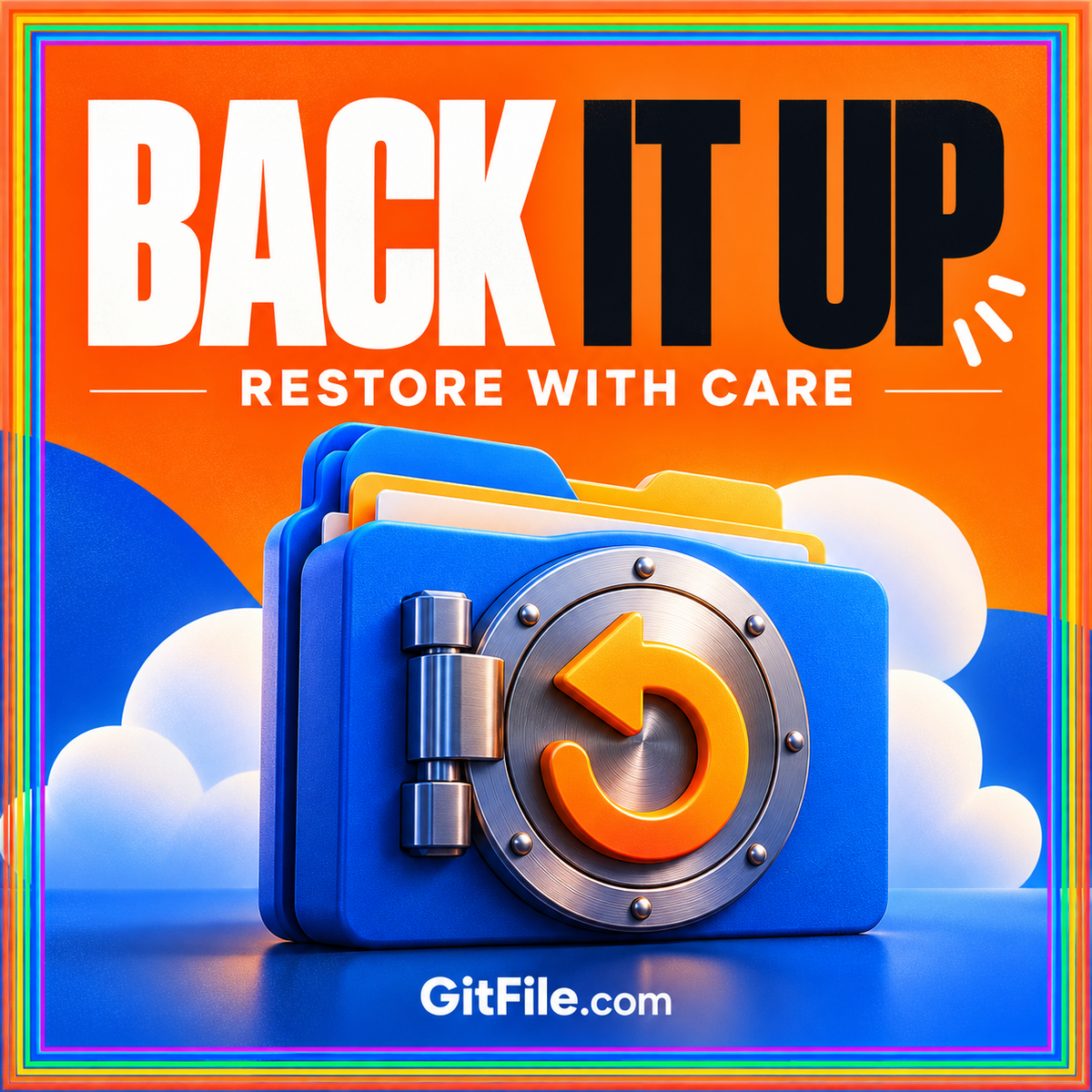 Back It Up — Restore with Care: an archive folder with a circular return arrow, branded GitFile.com.
