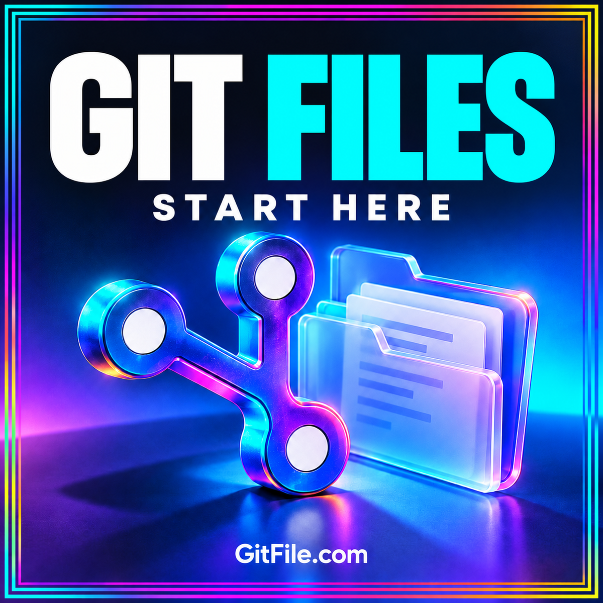 Git Files — Start Here: translucent folders and a neon branching symbol, branded GitFile.com.