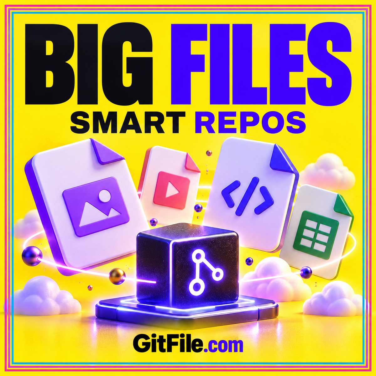 Big Files, Smart Repos: colorful media and code files surrounding a Git cube, branded GitFile.com.