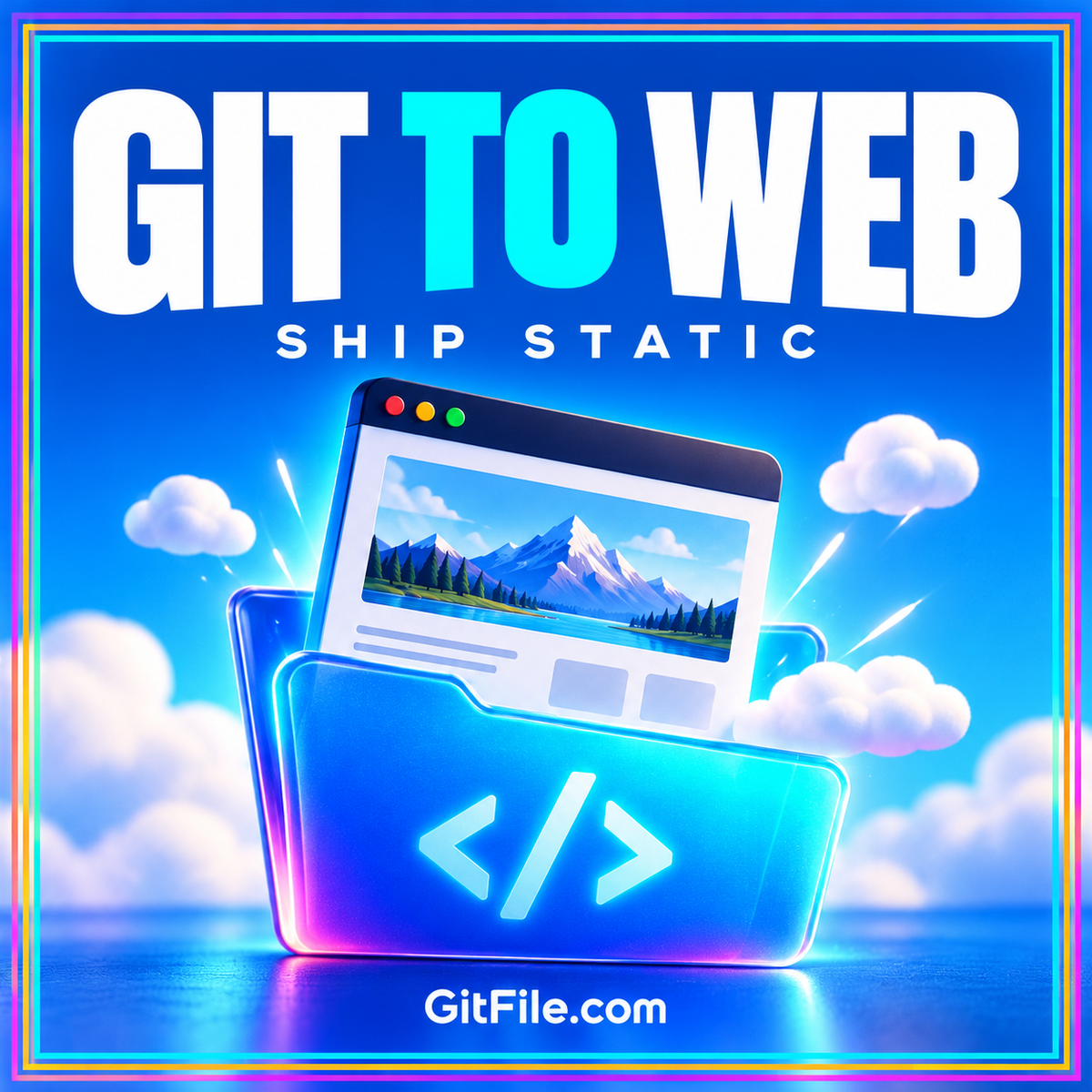 Git to Web — Ship Static: a website browser window emerging from a cyan folder, branded GitFile.com.