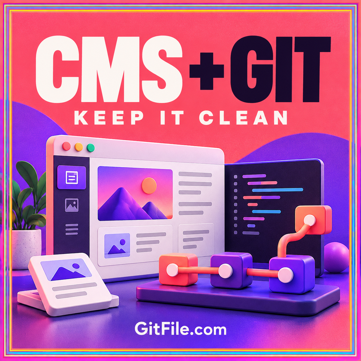 CMS + Git — Keep It Clean: page layouts, a code window, and connected blocks, branded GitFile.com.