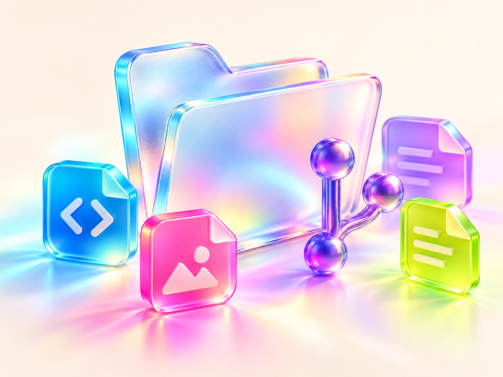 Translucent folders, code files, and a branching Git symbol in cyan, violet, pink, and lime.