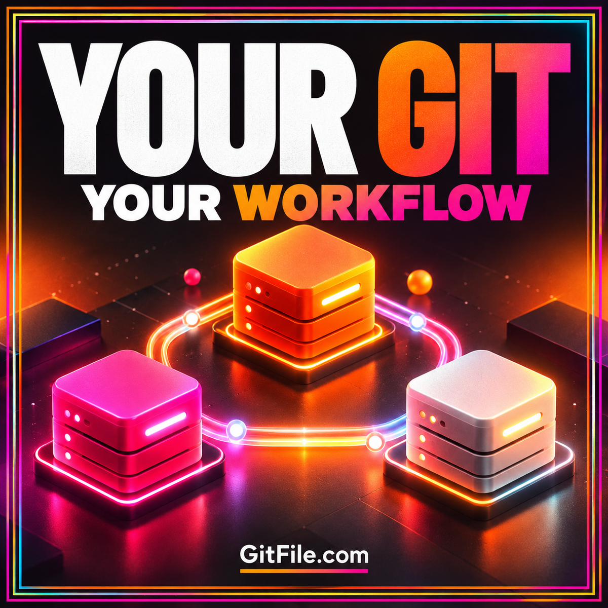 Your Git, Your Workflow: three connected neon repository blocks, branded GitFile.com.