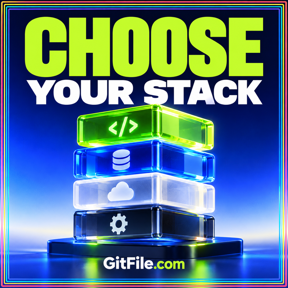 Choose Your Stack: translucent code, database, cloud, and settings blocks, branded GitFile.com.