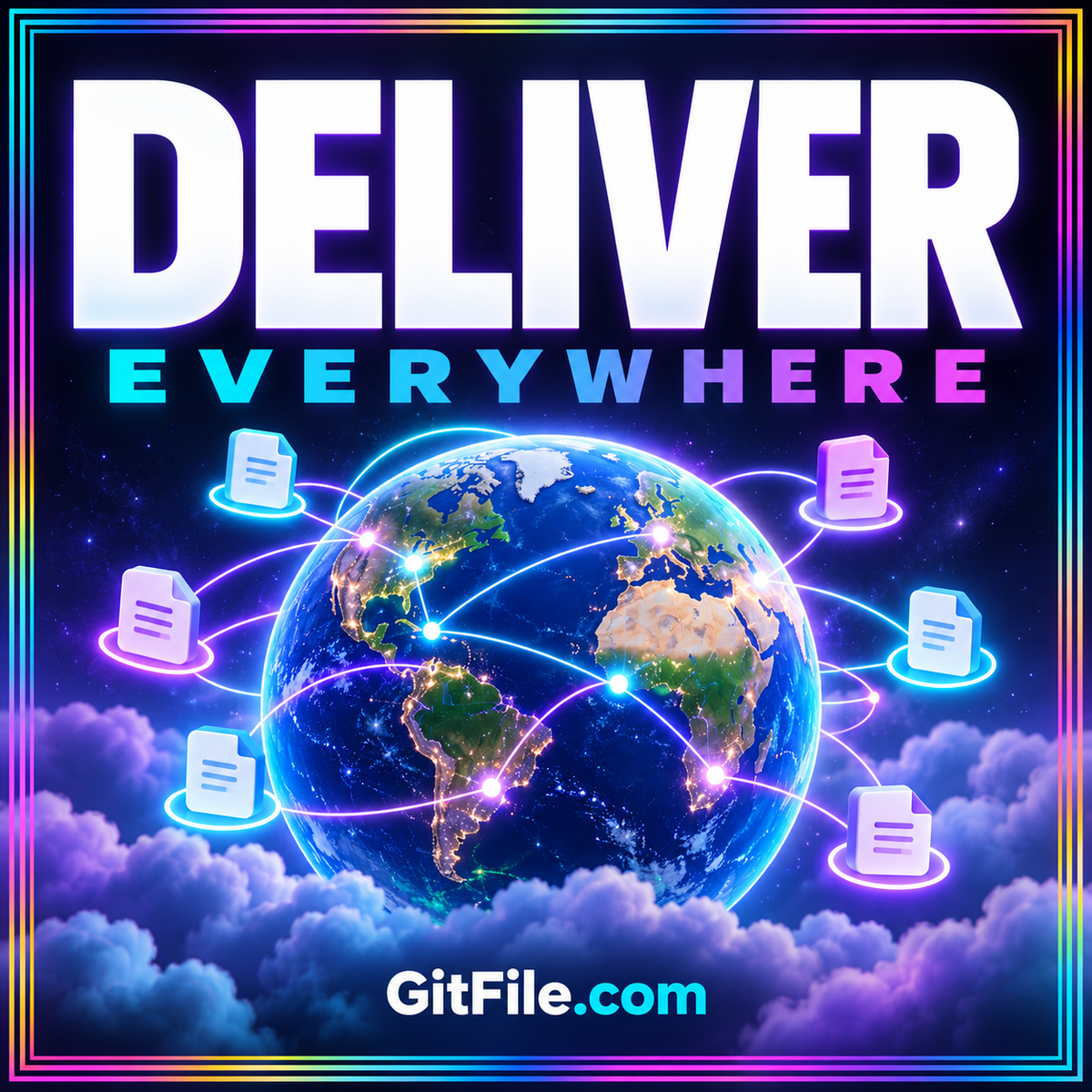 Deliver Everywhere: a luminous globe surrounded by connected file icons, branded GitFile.com.